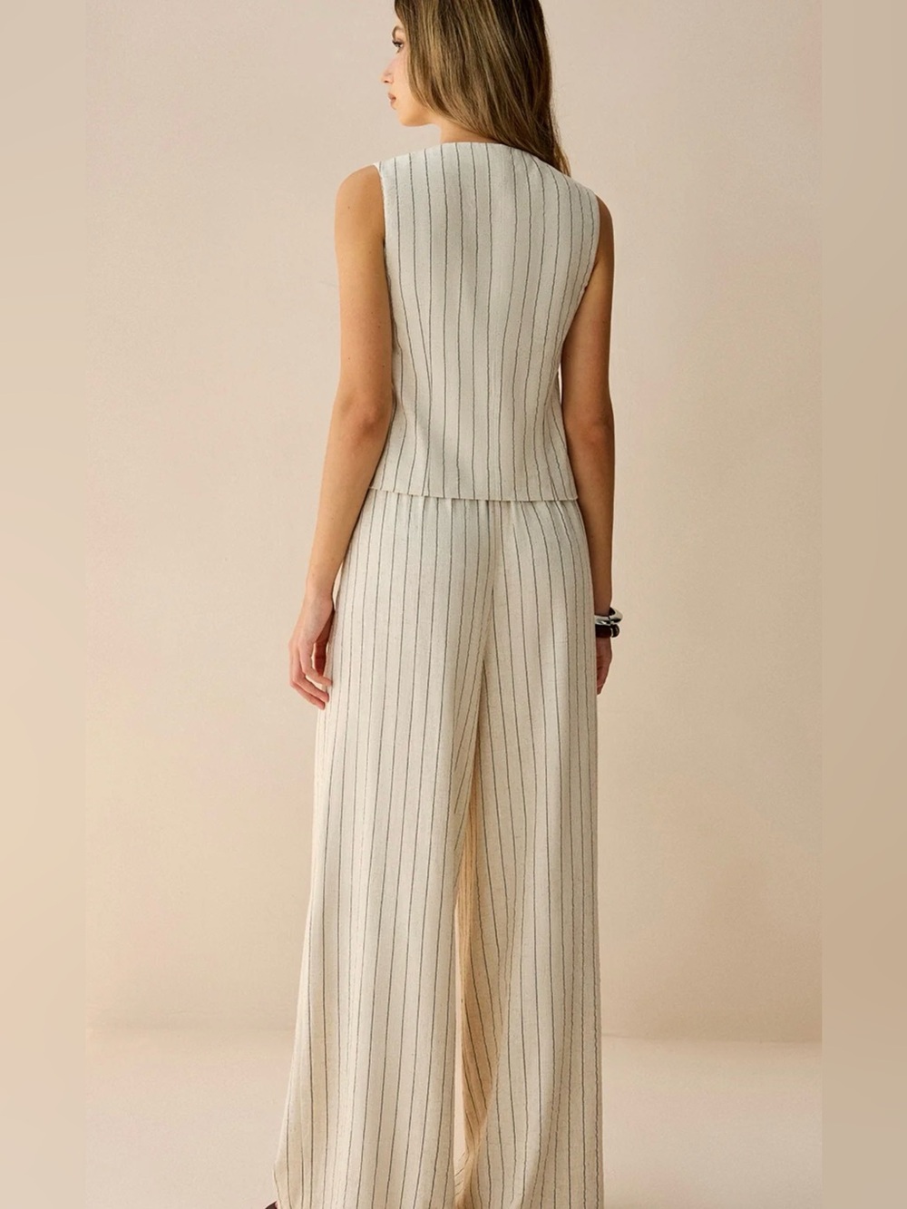 Commense Cream Pinstripe Wide-Leg Jumpsuit sleeveless NWT - Picture 3 of 4